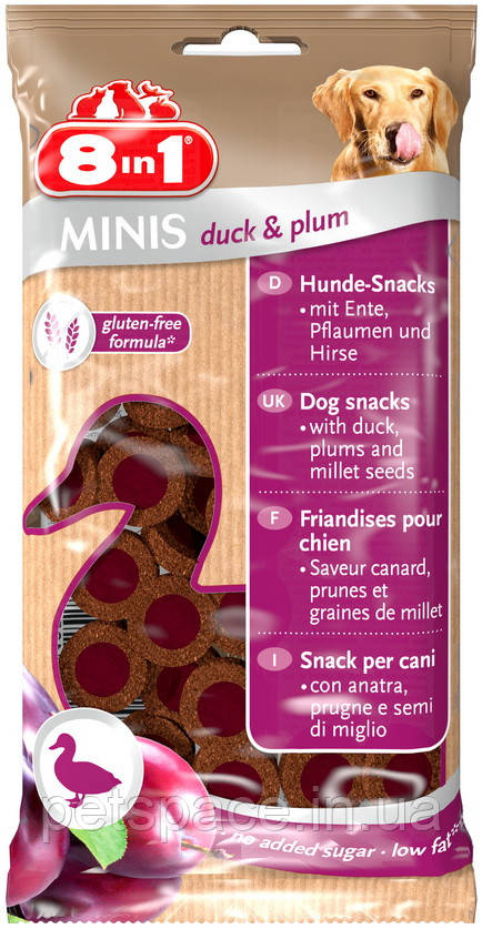 Ласощі для собак 8 in 1 Minis Duck Plum (8 в 1 Мініс качка і слива), 100г.