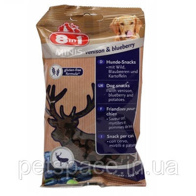Ласощі для собак 8 in 1 Minis Venison Blueberry (8 в 1 Мініс оленина з чорницею), 100г.