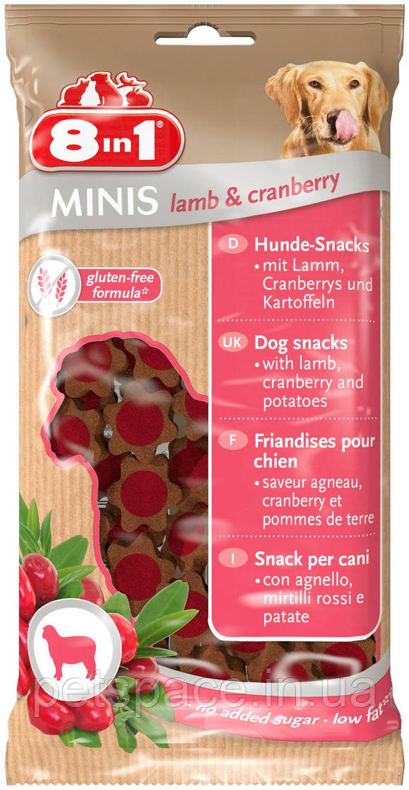Ласощі для собак 8 in 1 Minis Lamb Cranberry (8 в 1 Мініс ягня і журавлина), 100г.