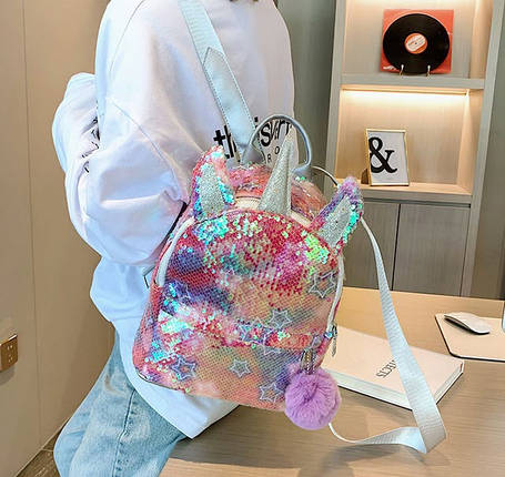 Рюкзак з вушками та рогом Єдинорога в паєтках Рожевий, фото 1