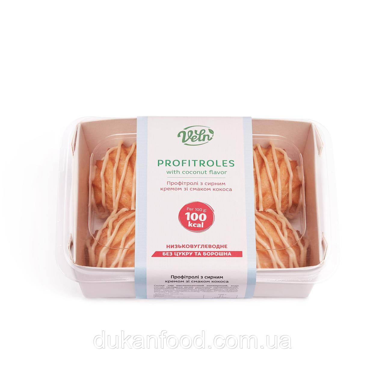 Профітролі з сирним кремом зі смаком кокосу тм "VELN"/"ВЕЛН", без цукру, без борошна,110г, фото 1