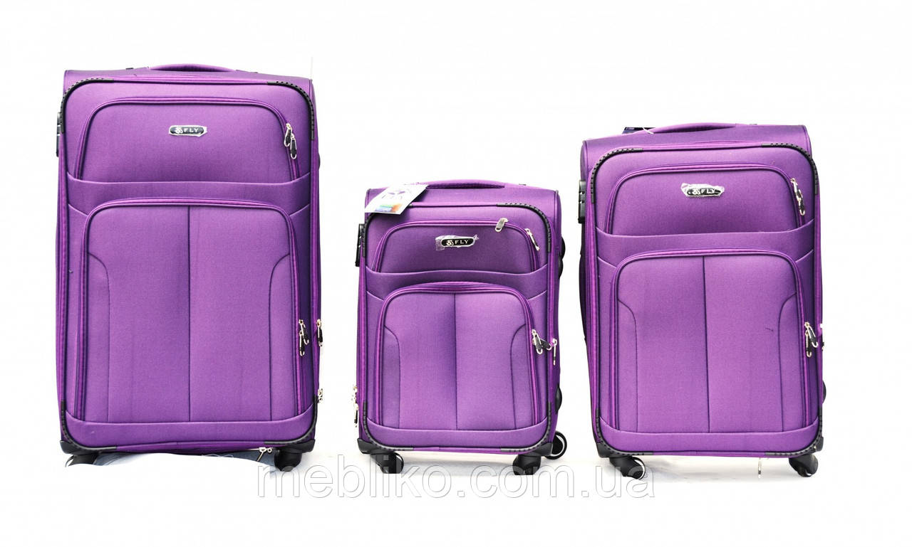 Комплект валіз Fly 8303 L (великий), M (середній)+S( ручна поклажа) на 4х колесах тканина фіолетова