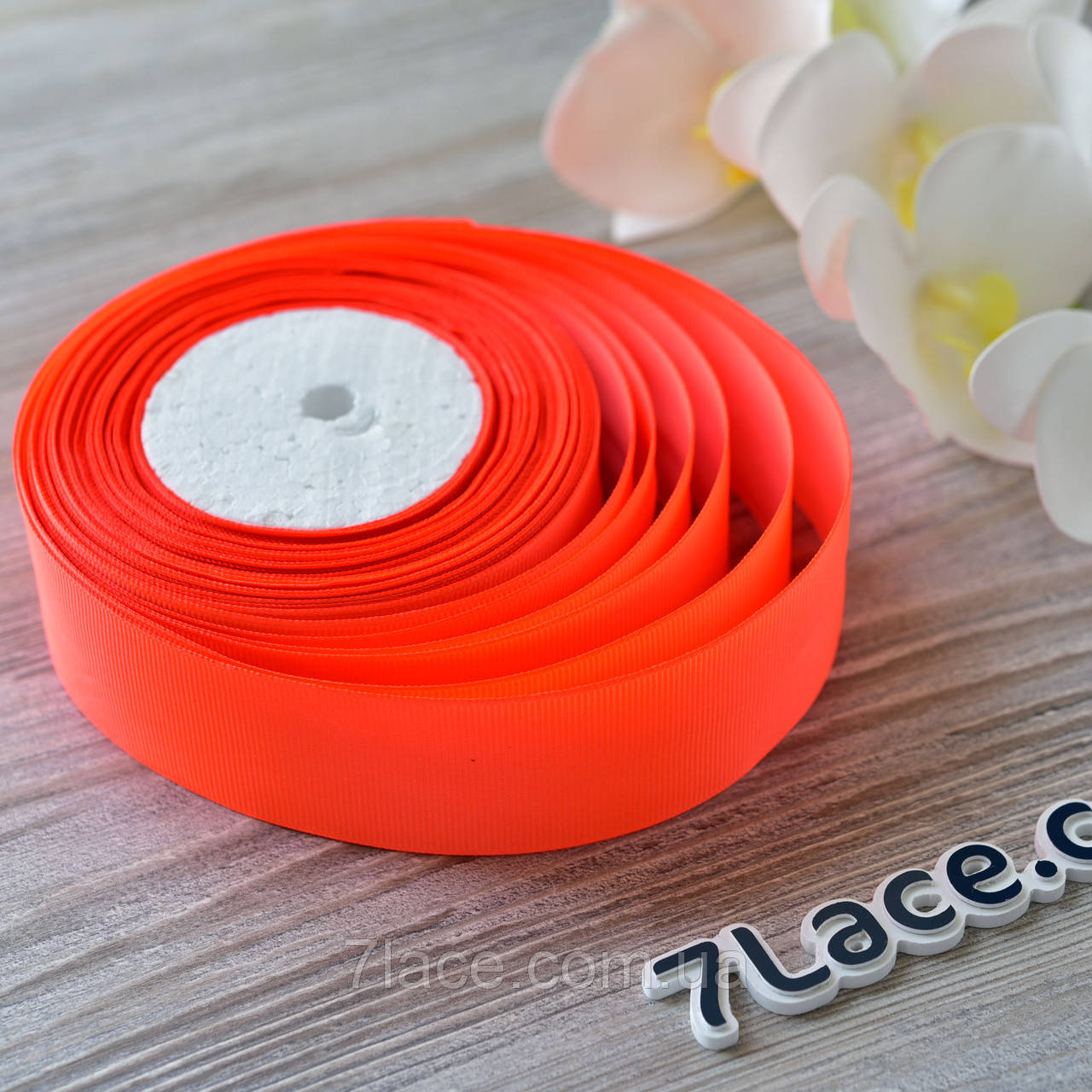 Репсова стрічка 4 см/колір неон жовтогарячий/ширина 4 см/бобіна 23 м, фото 1