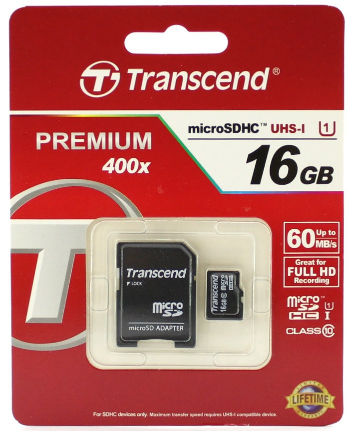 Карта памяти на 16 GB Transcend MicroSD + адаптер Full HD, 4К.