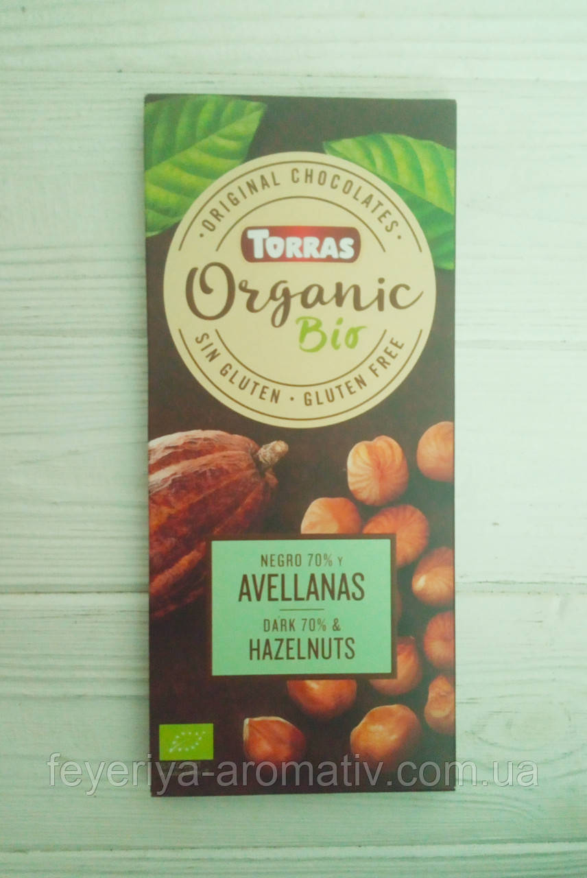Шоколад чорний 70% з фундуком без цукру та глютена Torras bio organic 100г (Іспанія)