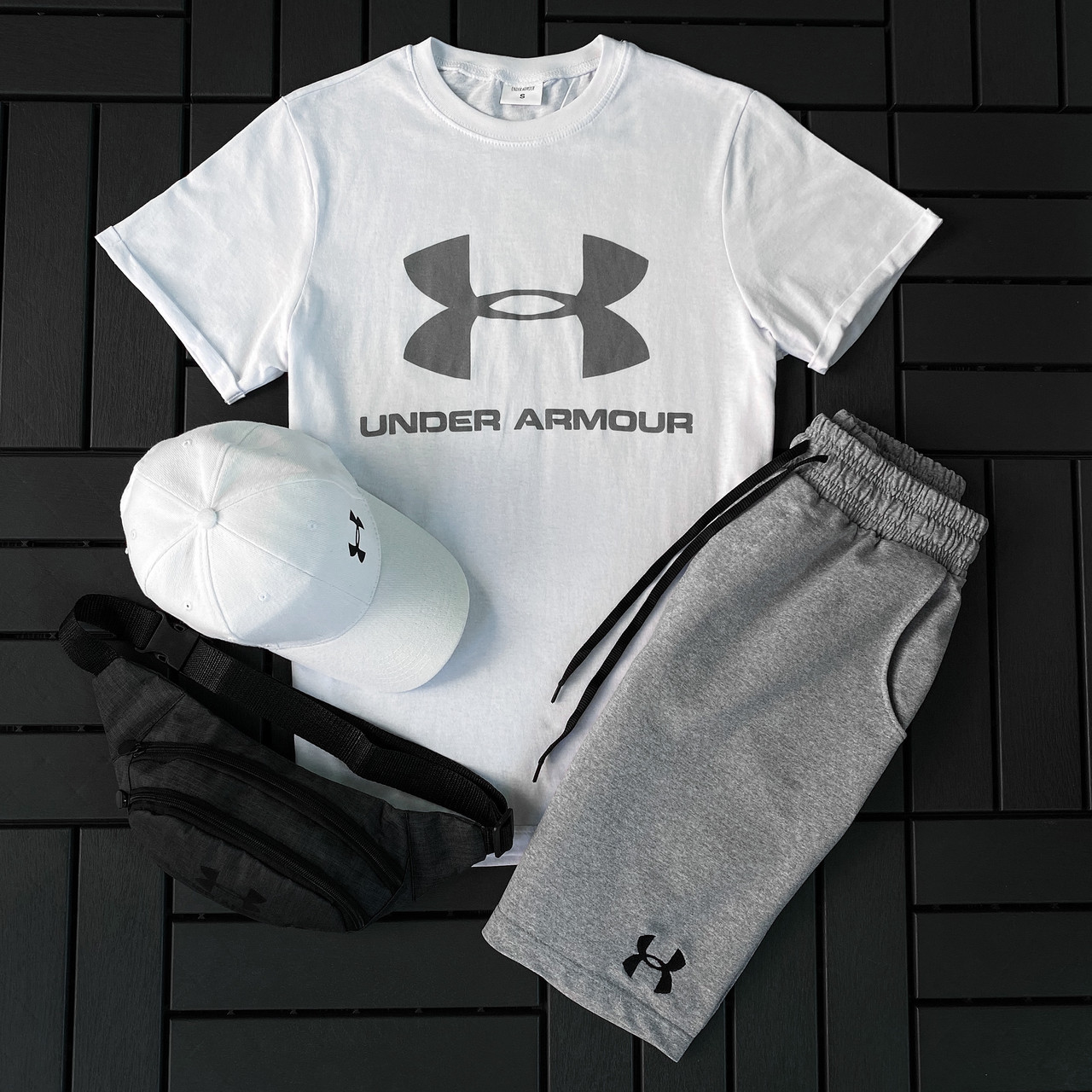 Шорти футболка under armour комплект чоловічий літній біло-сірий спортивний костюм андер армур