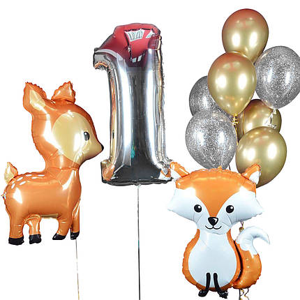 Кульки для дітей на день народження з лісовими тваринами і кулька цифра 1, фото 2