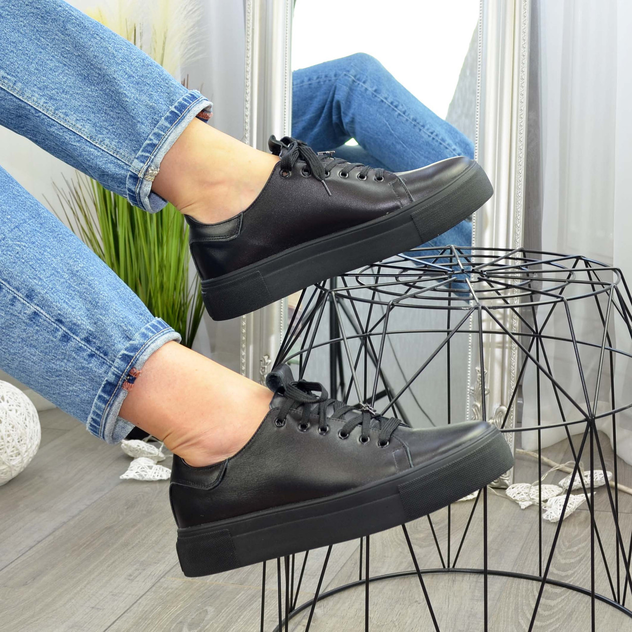 Кеди чорні жіночі шкіряні на товстій підошві, фото 1