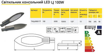 Світильник консольний LED LJ 100W 220V 10000Lm 6500K IP65 TNSy5000177, фото 2