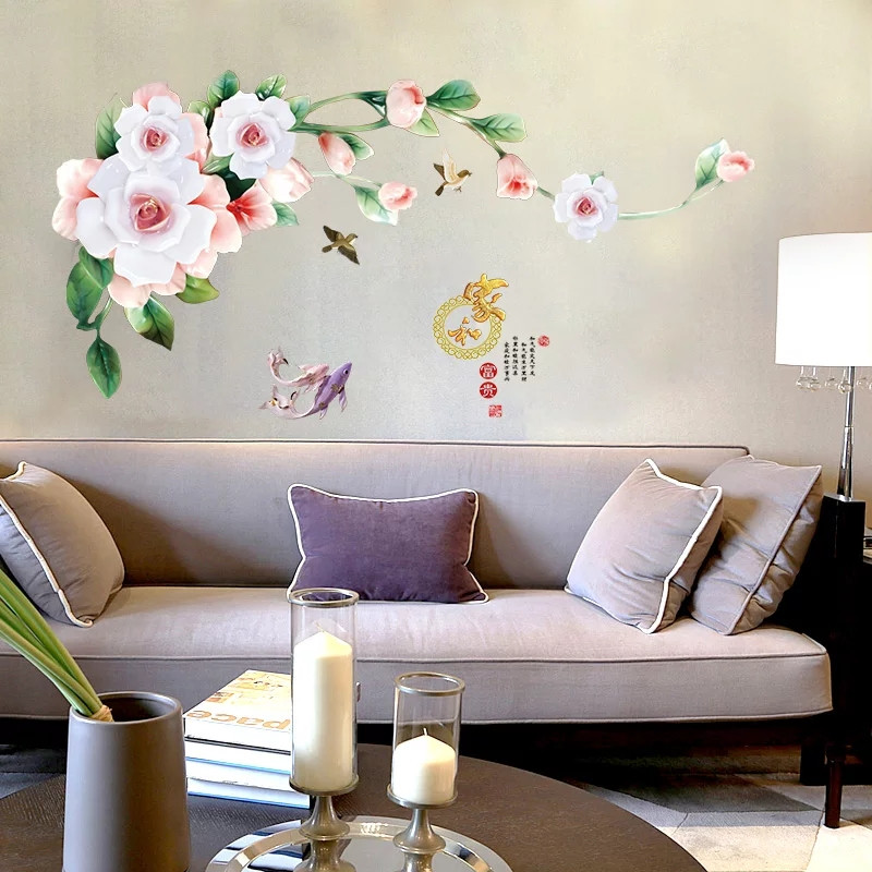 Вінілові інтер'єрні наклейки на стіну шафа, вікна "квіти білі лілії і рибки" 140см*60см (лист 60*90см)