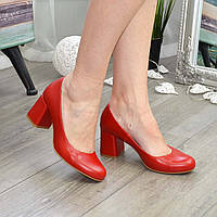 Туфли женские кожаные на устойчивом каблуке, цвет красный