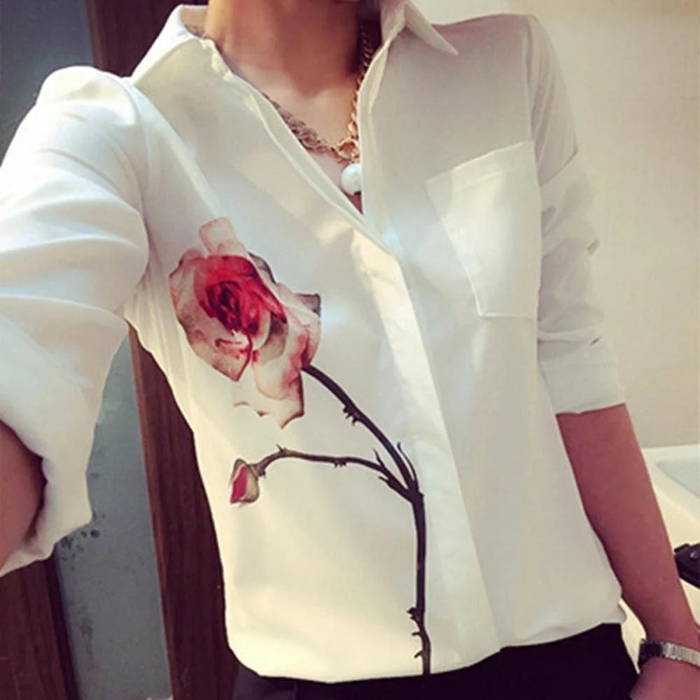 Женская белая блуза-рубашка шифон длинный рукав с принтом "РОЗА" 46-48 - фото 1 - id-p627292271