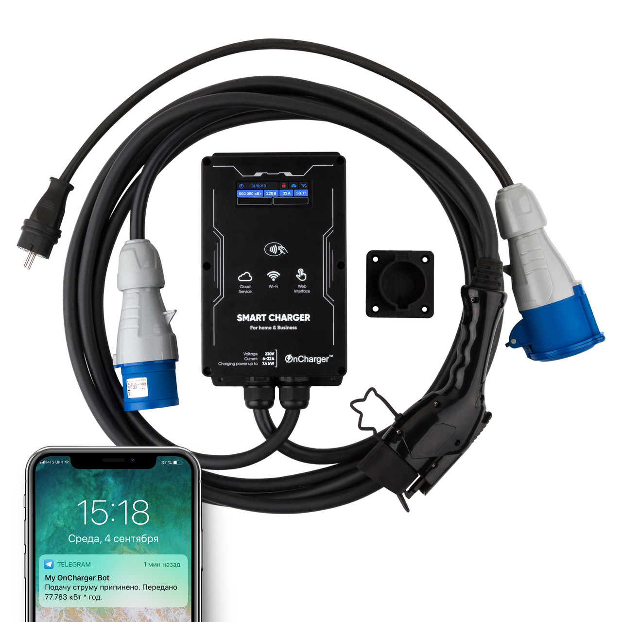 Публічна зарядна станція OnCharger 32A Type2 Type1 для електромобілів для бізнесу OCPP WiFi NFC OC1B-32A