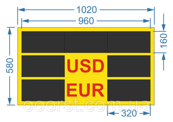 Електронне табло обміну валют (модулі) — 2 валюти 1020х580 мм