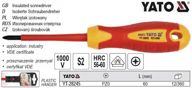Викрутка хрестова ізольована PZ0х60 мм VDE 1000V YATO-28245