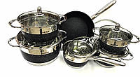 Набір посуду з нержавіючої сталі з 5 шаровим дном на 12 предметів Benson BN-293, фото 1