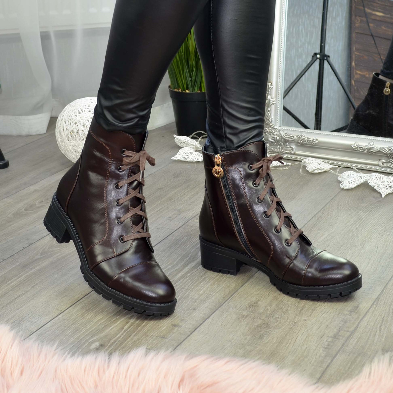 Черевики коричневі жіночі шкіряні на стійкому каблуці, фото 1