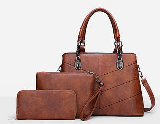 Жіноча сумка в наборі 3 в 1 + міні сумочка+ гаманець, екошкіра, коричневий