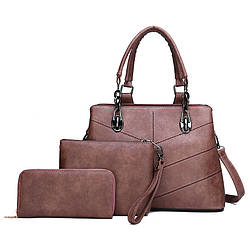 Жіноча сумка в наборі 3 в 1 + міні сумочка+ гаманець, екошкіра, рожевий