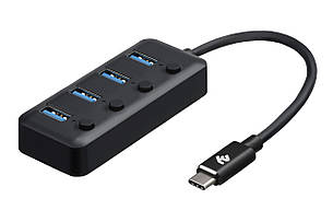 USB Хаб 2Е 4в1 4xUSB3.0 З кабелем 0.25 м Чорний (2E-W1406), фото 1