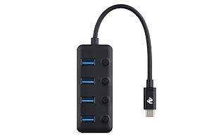 USB Хаб 2Е 4в1 4xUSB3.0 З кабелем 0.25 м Чорний (2E-W1406), фото 3