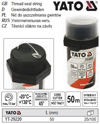 Нитка ущілювальна YATO різьбових сполучень уплотнитель l=50 м тиск ≤ 15 Bar YT-29220