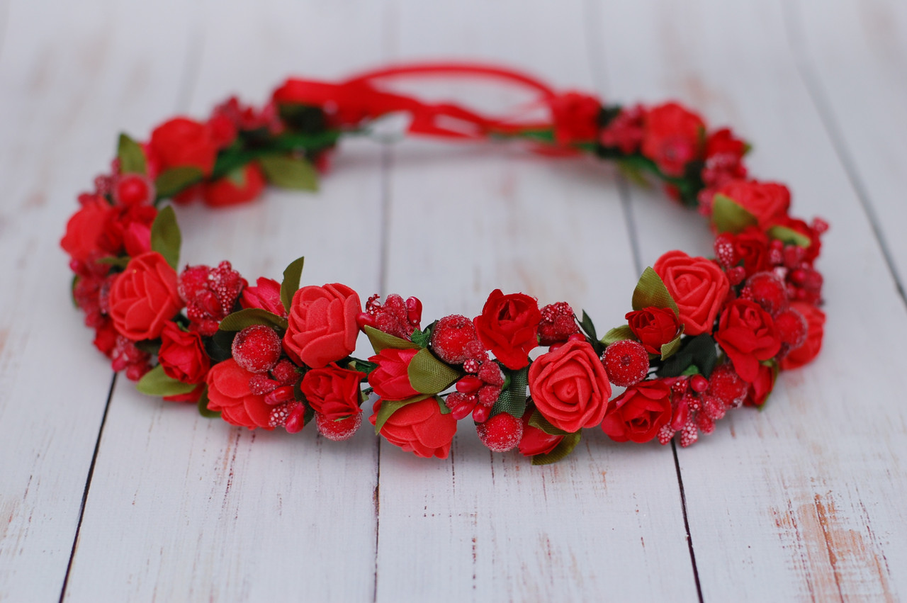 Вінок для волосся / віночок на голову з червоними квітами 268, фото 1