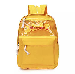 Жовтий рюкзак із качечками та прозорою кишенею однотонний.
