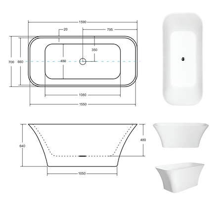 Ванна окремо стоїть Assos B&W 160x70 см з сифоном BESCO PMD AMBITION, фото 3