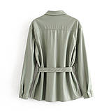 Сорочка жіноча із штучної шкіри з поясом в стилі Zara. Куртка сорочка для жінок (оливкова) S, фото 5