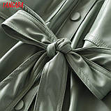 Сорочка жіноча із штучної шкіри з поясом в стилі Zara. Куртка сорочка для жінок (оливкова) S, фото 7