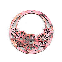 Підвіска кругла з дерева, Колір: Рожевий, Ажурна різьба, Квіти, 45 мм