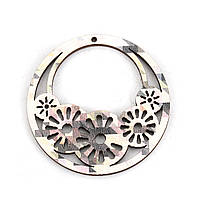 Підвіска кругла з дерева, Колір: Білий, Ажурна різьба, Квіти, 45 мм