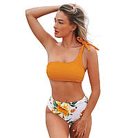 Женский купальник бикини CUPSHE, оранжевый верх на одно плечо и цветочный низ с высокой талией, размер S