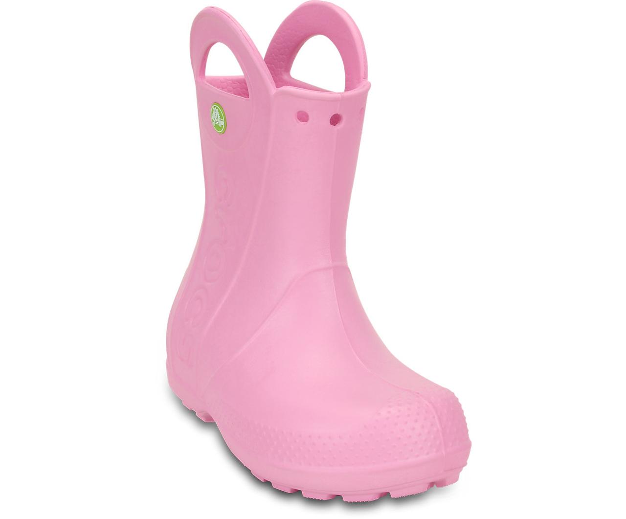 Сапоги резиновые для девочки дождевики Кроксы с ручками / Crocs Kids Handle It Rain Boot (12803), Розовые