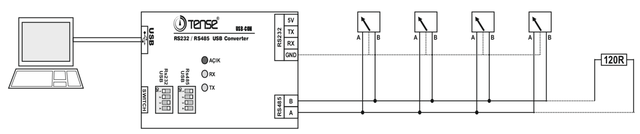 Схема подключения конвертора протоколов USB - MODBUS (RS485) RS232 USB-CON