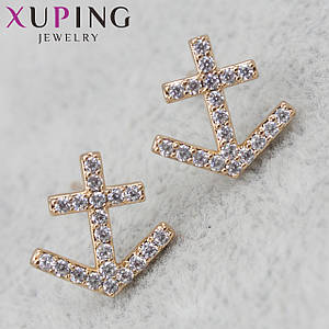 Сережки жіночі золотистого кольору Xuping Jewelry гвоздики, пусети у формі Якорі з камінчиками 24K