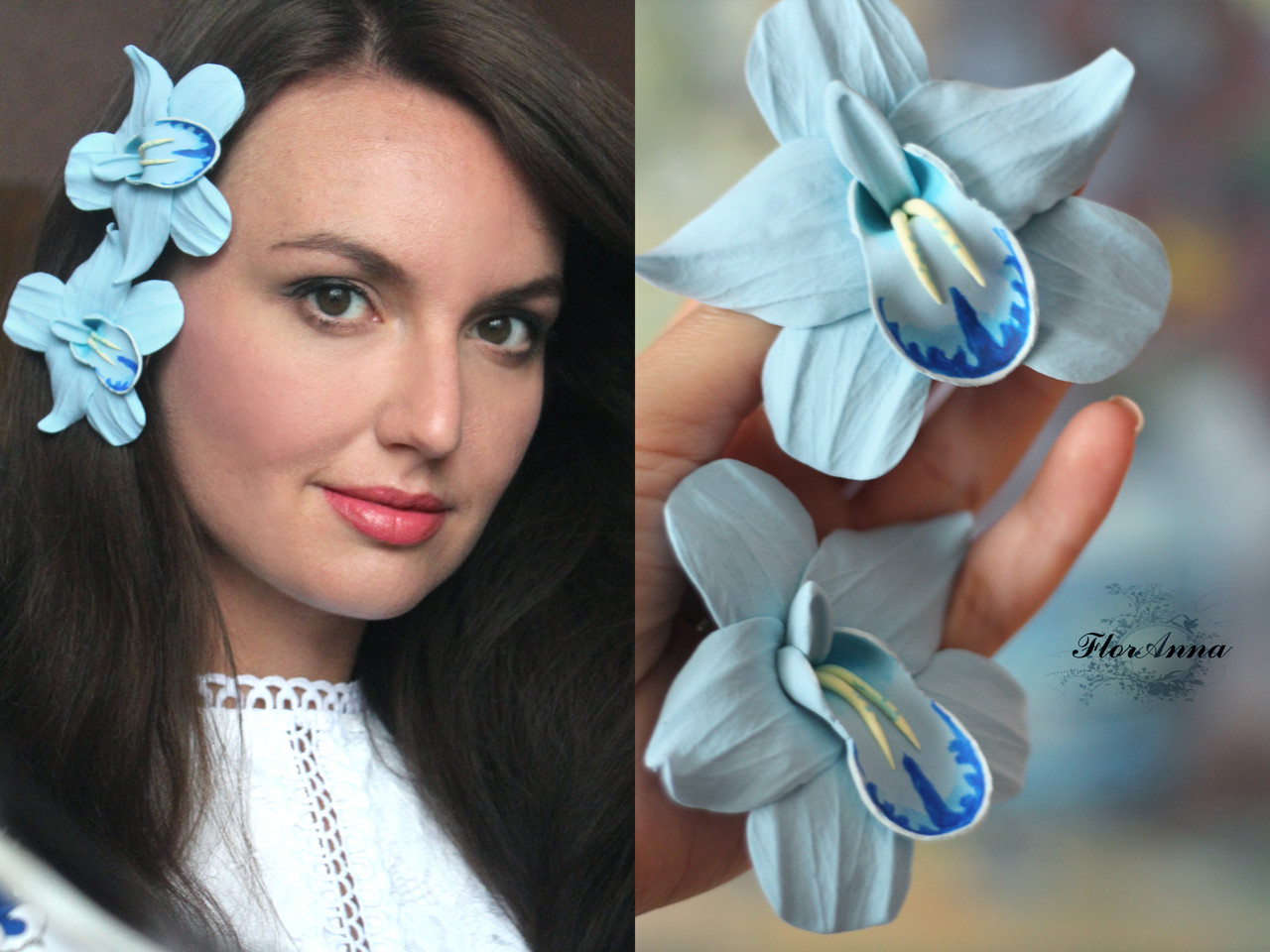 Блакитна шпилька для волосся квітка "Ніжно бірюзова орхідея з розписом"(відтінок ближче до блакитного) 1шт