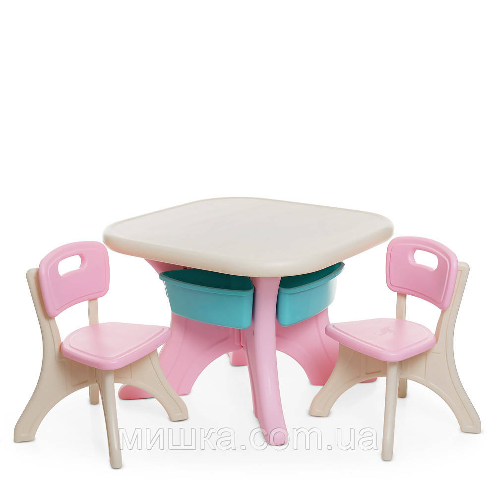 Дитячий пластиковий столик ETZY-8, 2 стільчики, 4 ящики, бежево-рожевий, фото 1