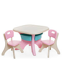 Детский пластиковый столик ETZY-8, 2 стульчика, 4 ящика, бежево-розовый