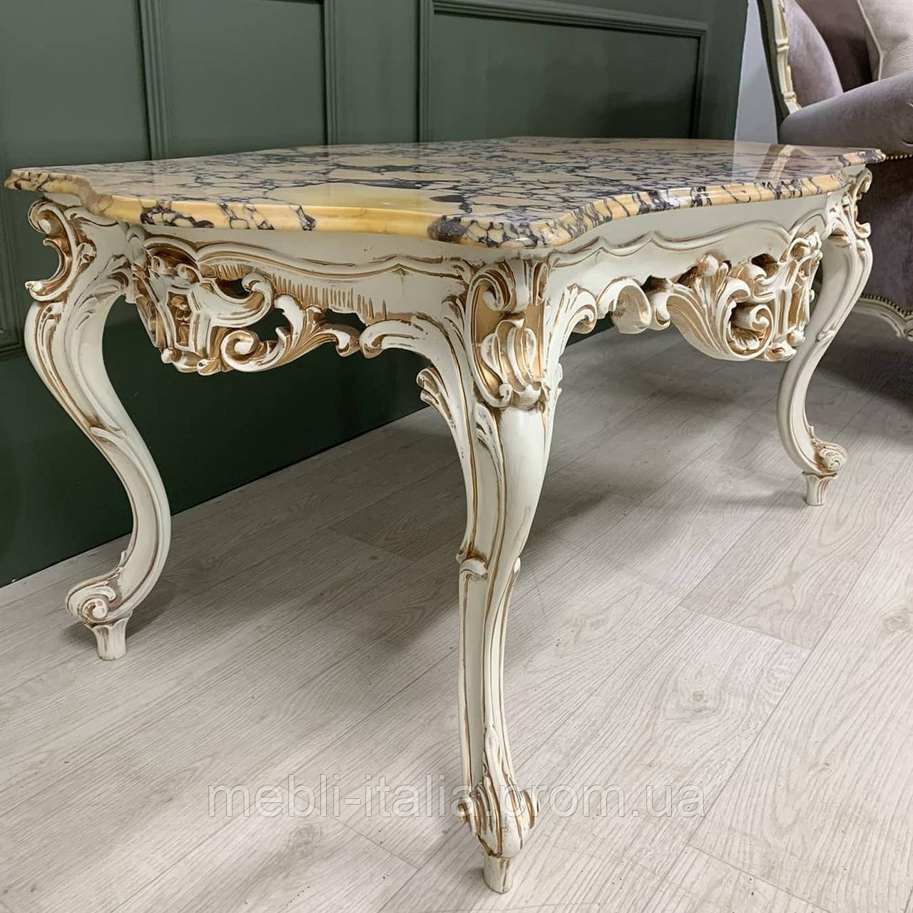 Стол стиль барокко приставной столик золото с мраморной столешницей #MB7 