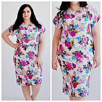 Яркое летнее платье-туника в цветочный принт, из штапеля, большие размеры- 50,52,54,56, от производителя