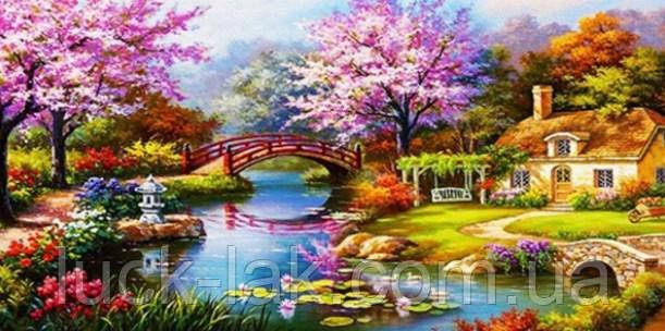 Алмазна вишивка квітуча сакура, повна викладка, круглі стрази 60*30 см, фото 1