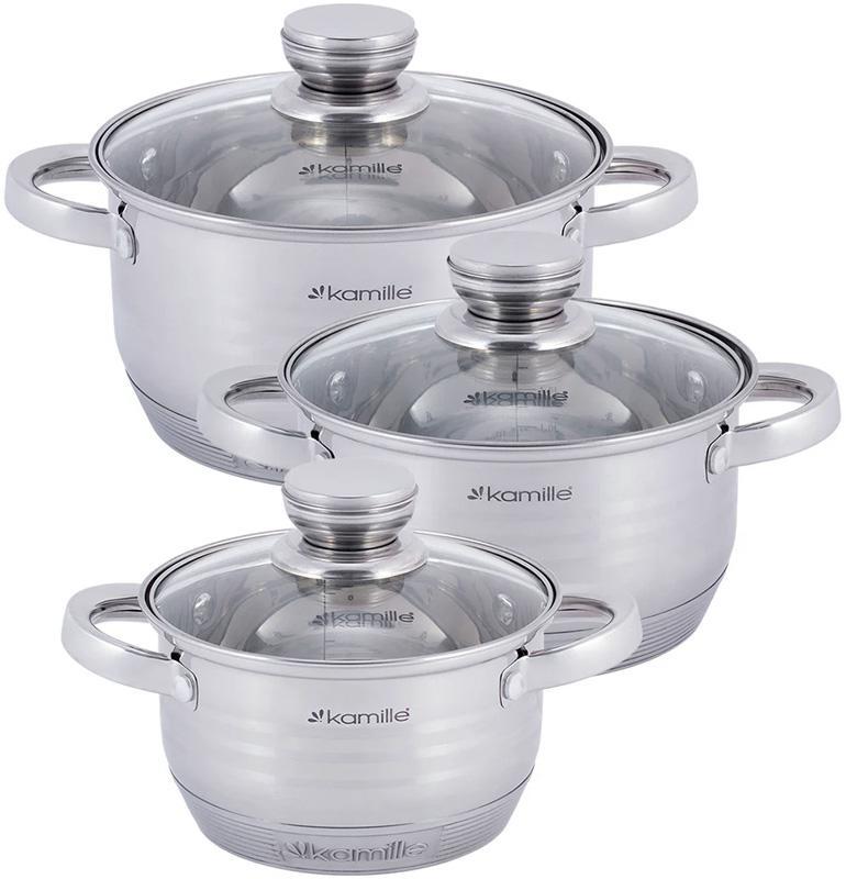 Набір 3 каструлі Kamille Desiree 1л, greenpharm  1.5л, greenpharm  2л greenpharm з нержавіючої сталі з мірною шкалою, фото 1