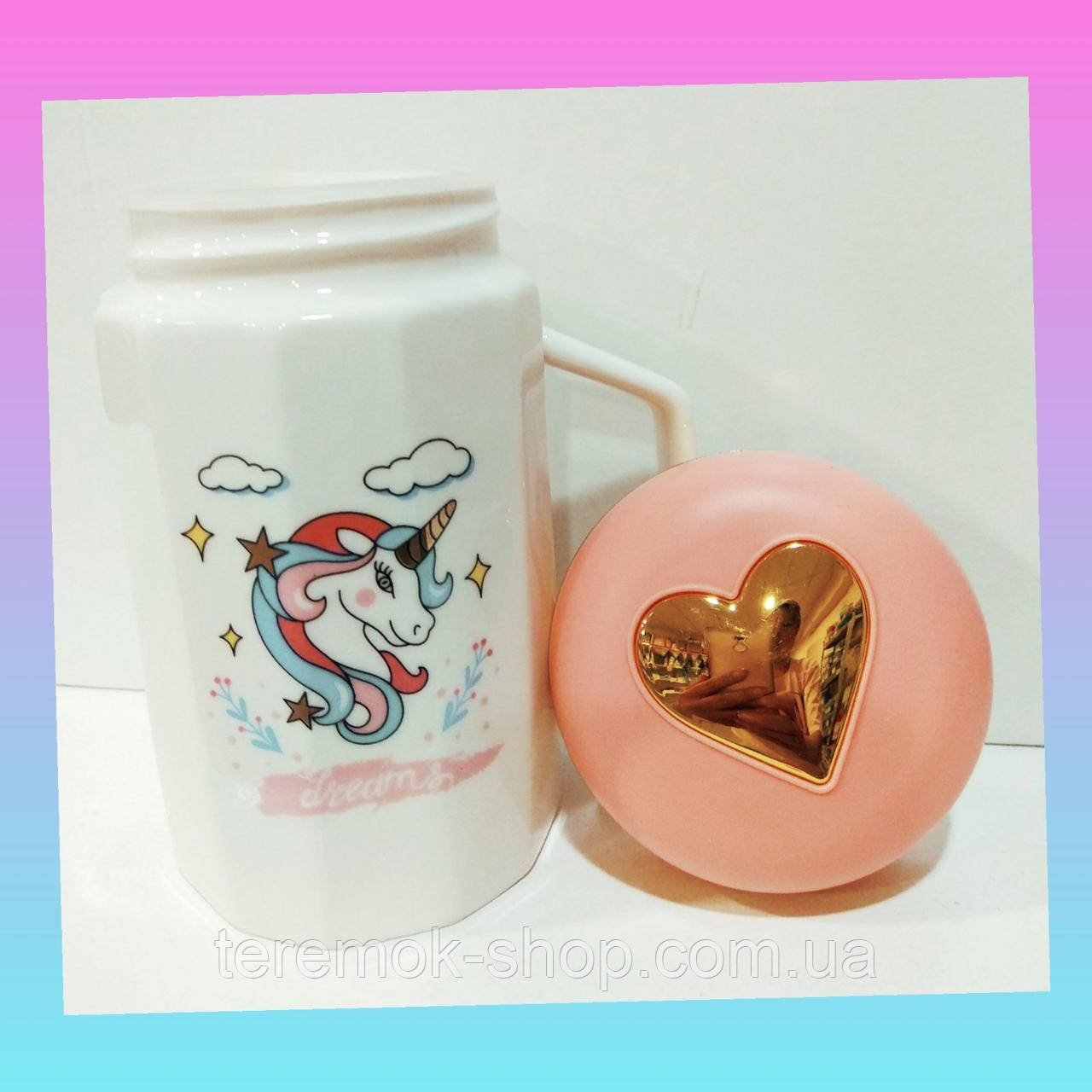 Керамічна біла чашка Єдиноріг з рожевою термокришкою, кухоль дитячий з малюнком для чаю, фото 1
