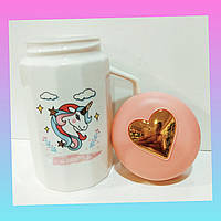 Керамічна біла чашка Єдиноріг з рожевою термокришкою, кухоль дитячий з малюнком для чаю