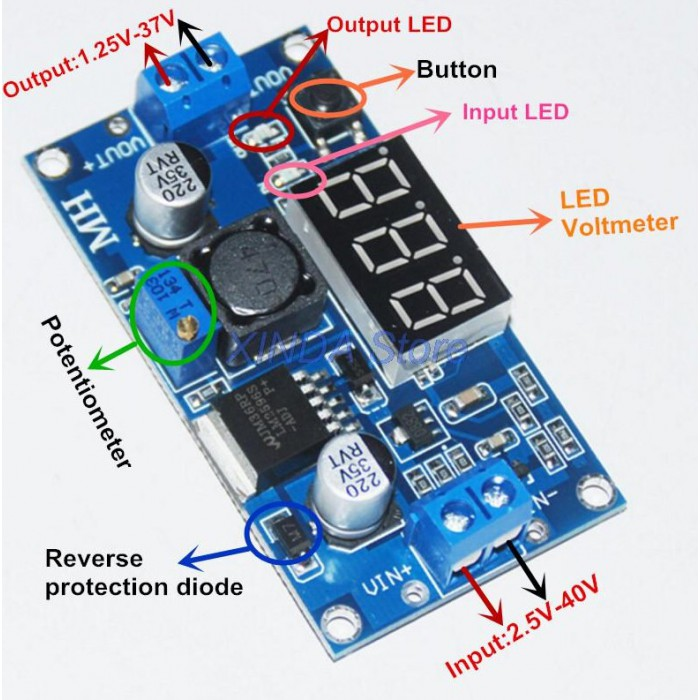 Регулируемый понижающий модуль питания LM2596 с вольтметром, фото 1