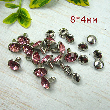 Хольнітени двосторонні зі стразами Рожеві Заклепки 8*4мм 10шт (SHL002)