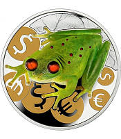 Срібна кольорова монета "Грошова жаба" з бурштиновими вставками Ніуе 2015