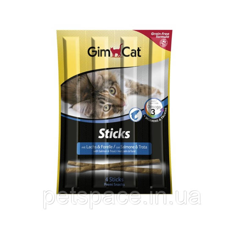 М'ясні палички Gim Cat Sticks (Джім Кет палички для котів, лосось і форель), 1 паличка, фото 1